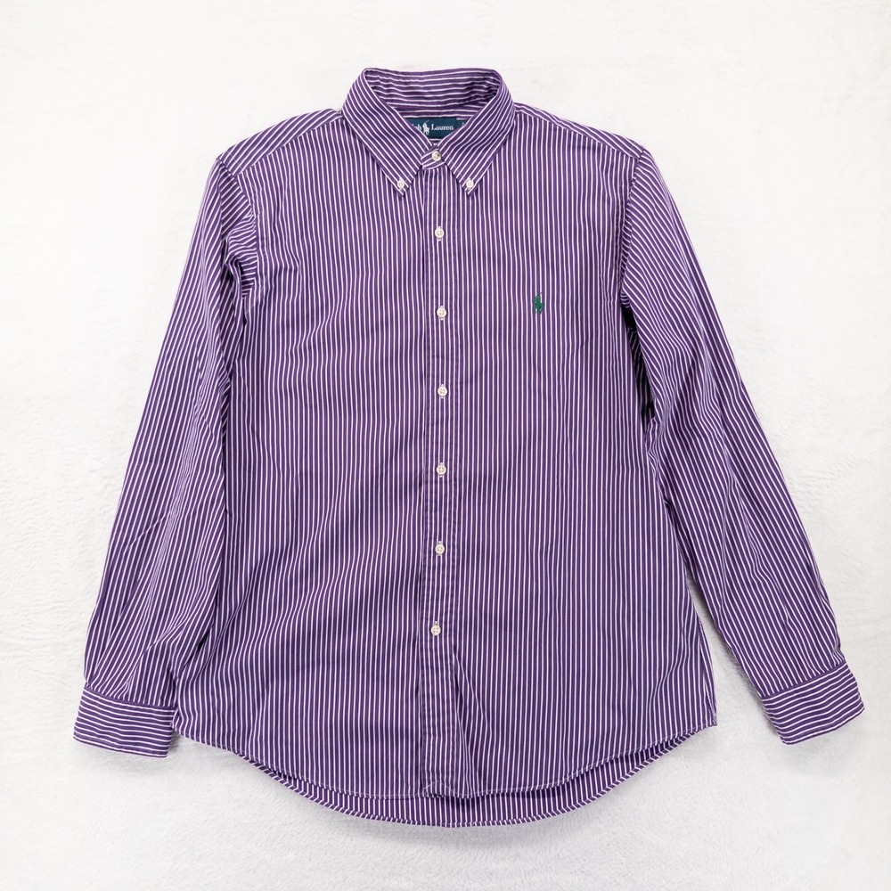 Polo Ralph Lauren Mens Button Down Shirt Large Purple Striped Custom Fit Preppy